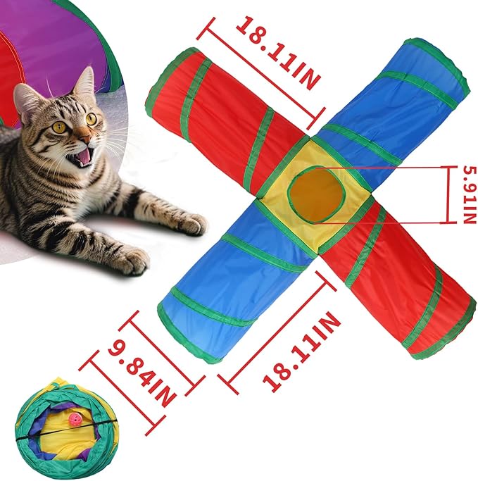 ‌Coolcandy Cat Tunnel & Interactive Cat Toy Indoor, 4 Way Tunnel Toys for Indoor Cats, Collapsible Interactive Peekaboo Cave with Play Ball, for Multi-Way Play & Small Animals