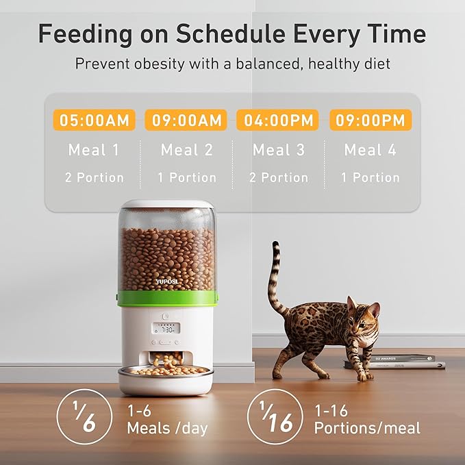 Automatic Cat Feeder - 4L Timed Auto Pet Feeder for Cat and Dog with Dry Food Dispenser, 180-day Battery Life, 1-6 Meals Per Day, 1-16 Portion, Desiccant Bag Keeps Food Fresh