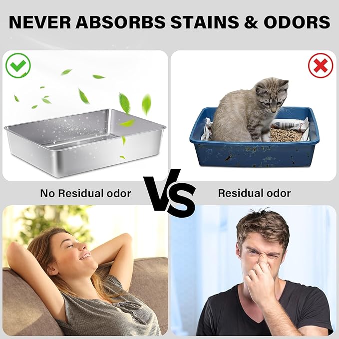 Stainless Steel Litter Box, 28" X 20" X 6" Steel Litter Box XXL No Smell, Extra Large Metal Litterbox for Big Cat, Multiple Cats, Non Stick, Easy Cleaning