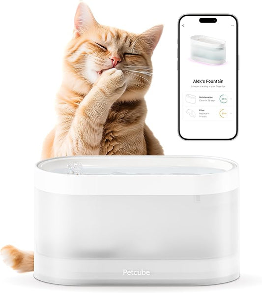Petcube Pet Water Fountain | Automatic Wireless Water Fountain for Cats and Dogs with Ceramic Bowl, Easy to Clean, 4-Layer Filtration, in-App Filter Control, LED Light, Quiet Pump, Battery Operated
