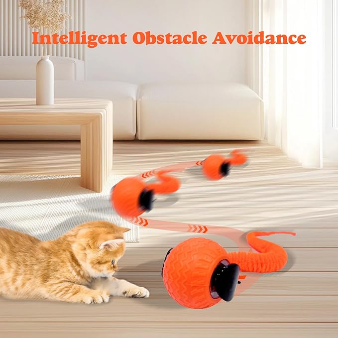 Interactive Cat Ball Toy, Upgraded Automatic Rolling Cat Ball with Tail 2.0 and Type C Cord, Touch Activated Moving Toy for Cats and Dogs (Orange)