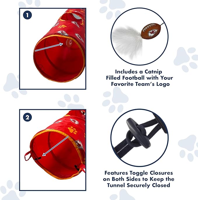 NFL Kansas City Chiefs Cat Tunnel Tube Toy with Plush Football Catnip and Feathers Collapsible Tunnel for Cats to Play, Peek and Hide, Sporty & Fun Cat Tunnel Toy with Team Logo All-Over Design!