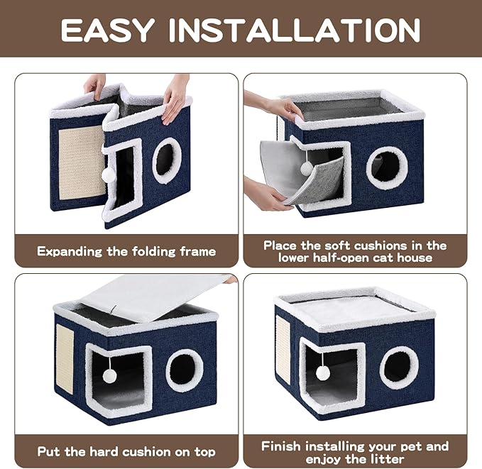 Cat Beds for Indoor Cats Houses, Large Cat Cave with Fluffy Ball and Scratch Pad, Foldable Cat House with Hideaway Tent for Kitten,Grey (SingleAB, Large)