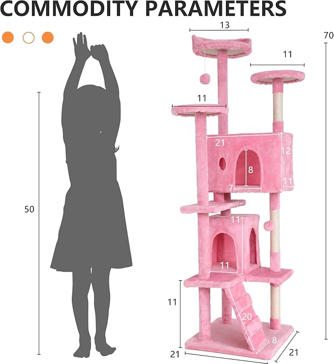 BestPet 70in Cat Tree Tower for Indoor Cats,Multi-Level Cat Furniture Activity Center with Cat Scratching Posts Stand House Cat Condo with Funny Toys for Kittens Pet Play House,Pink