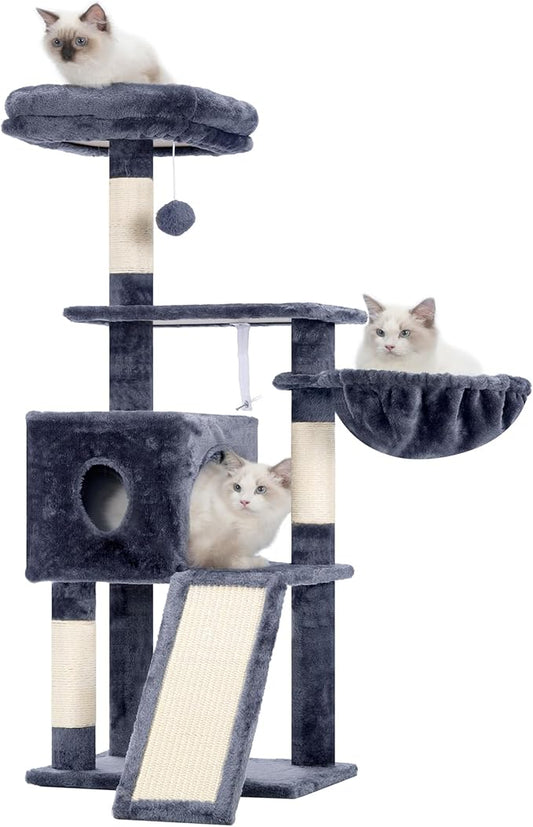 Hey-brother Cat Tree, 42.5-Inches Cat Tower for Indoor Cats, Plush Multi-Level Kitten Cat Condo with Scratching Post, Ramp, Basket, Spacious Cat Cave, Hanging Ball, Smoky Gray MPJ007SG