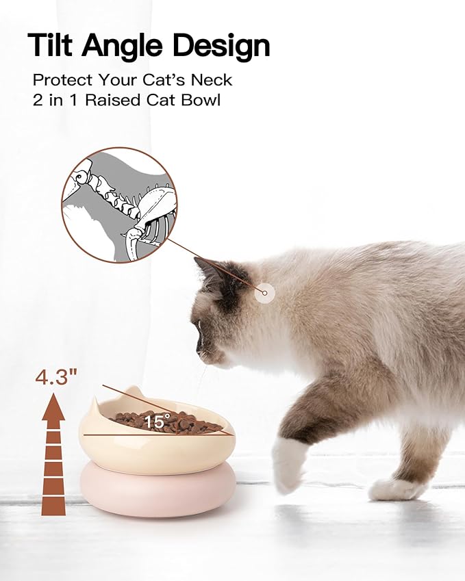 Cat Bowl, Ceramic Cat Bowls Food and Water Bowl Set, Whisker Friendly Cute Kitten Food Bowls for Protecting Pet's Spine, Yellow & Pink