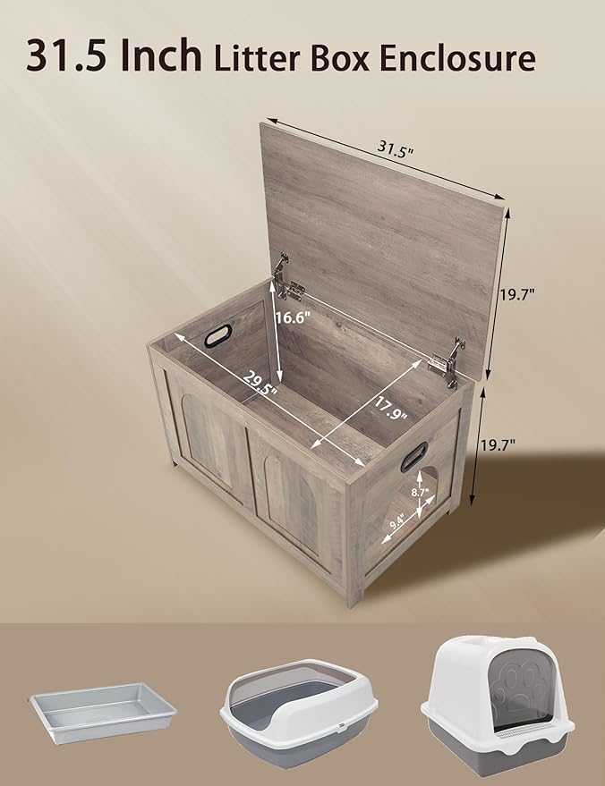 DINZI LVJ Cat Litter Box Enclosure, Flip Top Litter Box Furniture, Farmhouse Hidden Cat Washroom, Wooden Pet House, End Side Table, 31.5" L x 19.7" W x 19.7" H, Sturdy and Easy to Assemble, Greige