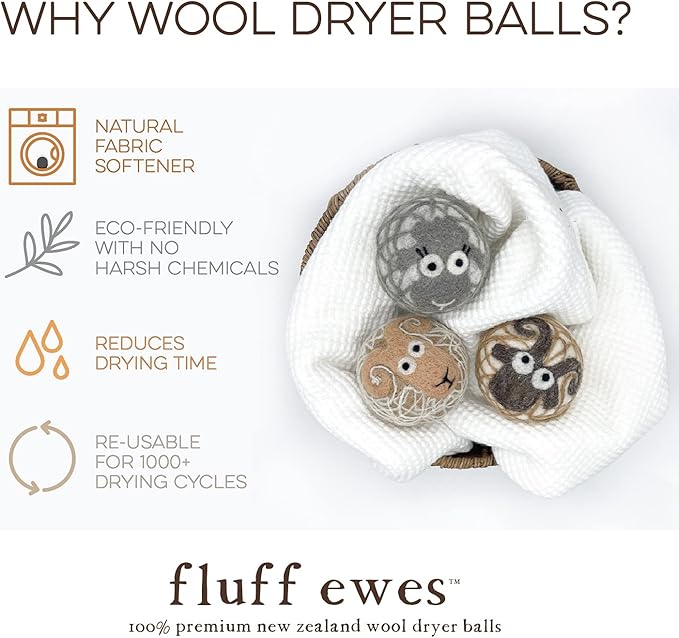 Fluff Ewes Wool Dryer Balls 3 Pack Premium New Zealand Wool Laundry Balls for Dryer, No Static Dryer Balls Laundry Reusable Cute - XL Wool Dryer Balls Cute, Baby Dryer Balls for Dryers - Lights