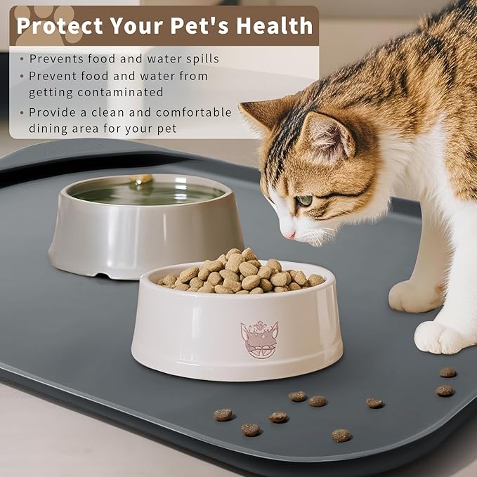 Silicone Pet Feeding Mat with Raised Edge & Residue Collection Pocket for Food and Water, Dog Bowl Mats, Cat Bowls Placemat with High Lip for Floor Waterproof, 24 x 16 x 0.8 Grey