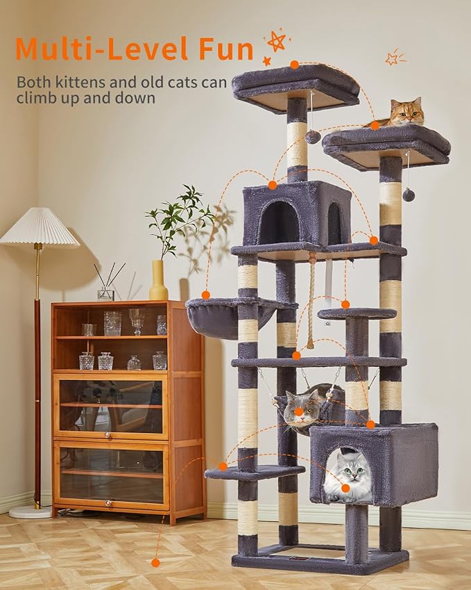Taoqimiao Cat Tree, 71-Inch Cat Tree Cat Tower for Indoor Cats, Plush Multi-Level Cat Condo with 10 Scratching Posts, 2 Perches,Basket, 2 Caves,Hammock, 2 Pompoms,MS020G Beige Smoky Gray