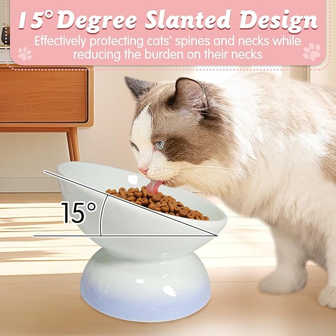 kathson 4 Pcs Ceramic Raised Cat Bowls, Elevated Tilted Cat Food Bowl, Anti Vomiting Pet Food Bowl, Colorful Porcelain Pet Feeder Dish for Cats and Small Dogs,Stress Free, Whisker Fatigue