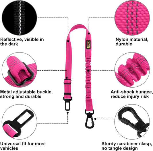 Plutus Pet Dog Seat Belt for Car, Adjustable Dog Car Harness with Carabiner Clip, Reflective Safety Dog Seatbelt Leash with Elastic Bungee, Hot Pink