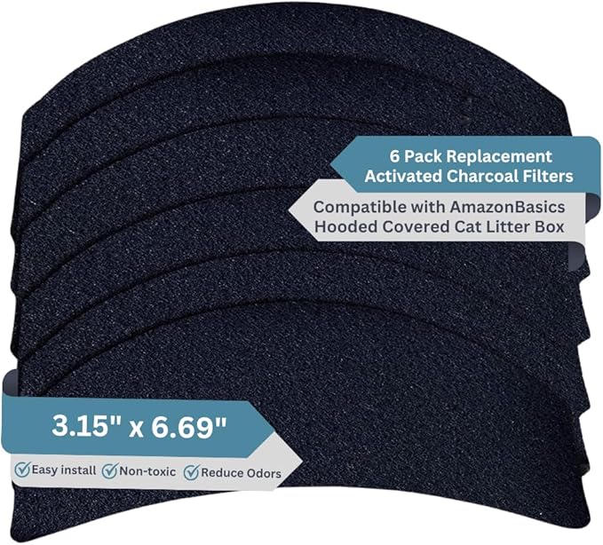 6-Pack Activated Carbon Cat Litter Box Filter Replacement - Premium 3.15" x 6.69" Activated Charcoal Filter - Compatible with AmazonBasics Hooded Covered Cat Litter Box, Made in USA
