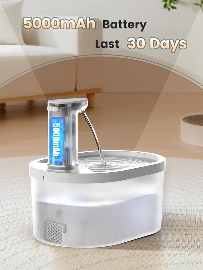 Wireless Cat Water Fountain, 5000mAh Battery Operated Cat Water Fountain, 101oz/3.2L Rechargeable Automatic Pet Drinking Fountain for Cats Dogs Indoor Outdoor, Ultra Quiet with Replacement Filters