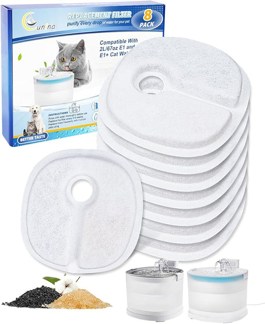 Cat Water Fountain Filter Replacement Compatible with 2L/67oz E1 and E1+ Automatic Cat Water Dispenser Wireless Pet Fountain Battery Operated, Multilayer Filter, 8 PACK