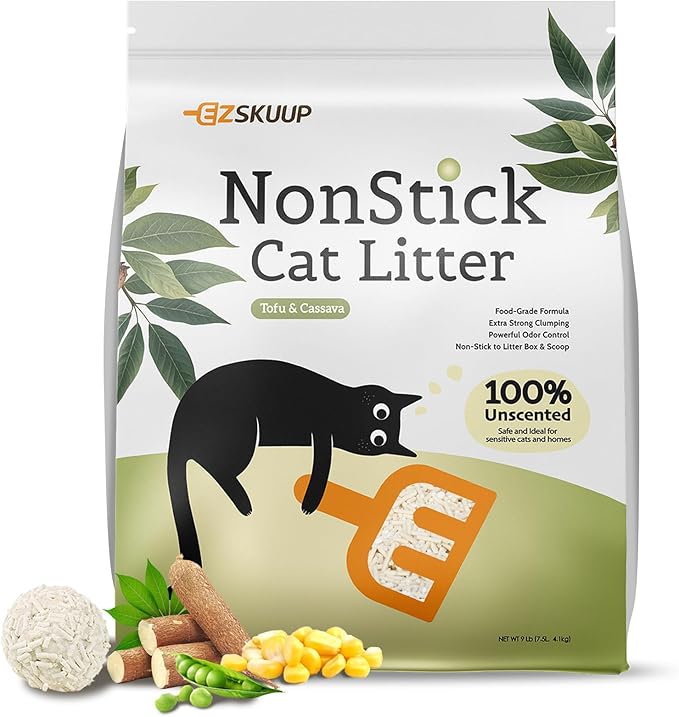 Non-Stick Box Tofu Cat Litter Mix Cassava, Strong Clumping Low Tracking Kitty Litter, Natural Biodegradable Litter, Plant Odor Control, Low Dust Easy to Scoop, Light Color for Health Tracking, 9Lb