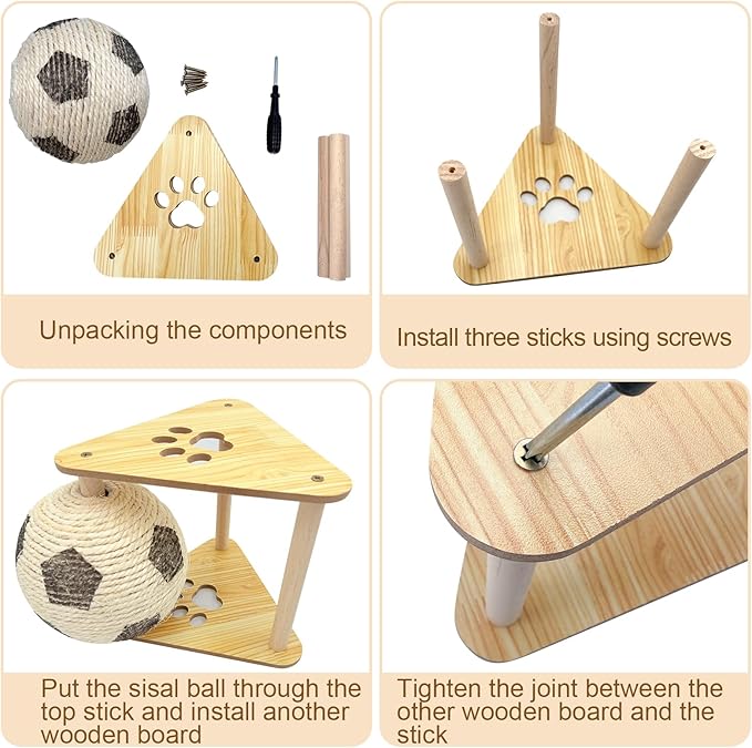 Durable Spinning Cat Ball Interactive Exercise Toy, Natural Sisal Cat Scratching Ball with Stable Stand, Cat Scratcher Toy for Cats & Kittens