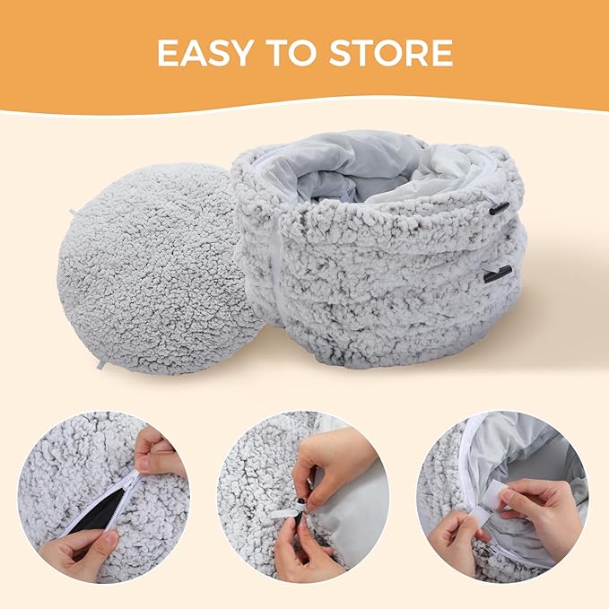 PEQULTI Cat Tunnel with Bed for Indoor Cats, Cat Play Donut Tunnel with Washable Soft Plush Mat, Round Cat Tunnel Toys Cute Cat Tube for Kittens, Puppies, Rabbits and Ferrets, Grey