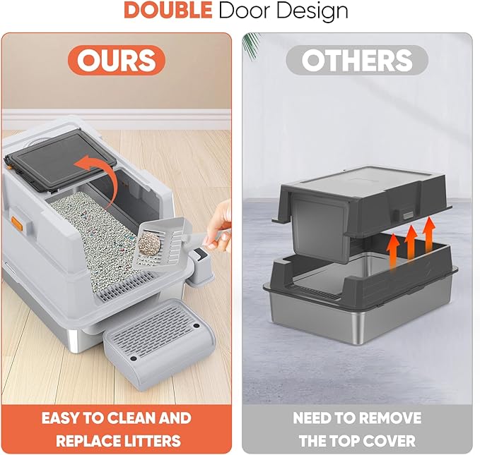 ELEGX XXXL Extra Large 28" L×20" W Odor-Control Stainless Steel Cat Litter Box, 4-in-1 Cat Metal Litter Box Set,Enclosed Removable Metal Litter Box with High Sided Enclosure,Mat & Scoop