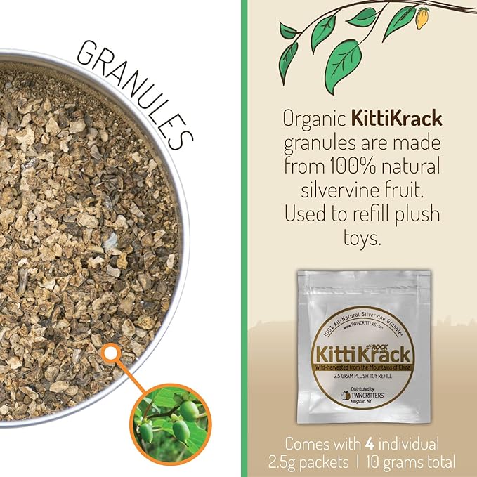 KittiKrack Rock Organic Silvervine Catnip Substitute for Cats & Kittens | All-Natural Wild Harvested Silvervine Granules | 4 Refills for TWINCRITTERS Refillable Plush Cat Toys | 10g