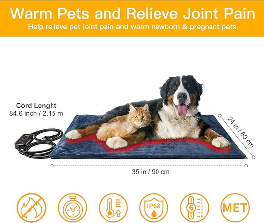 Toozey Large Pet Heating Pad, 6 Adjustable Temperature Dog Cat Heating Pad with Timer, Waterproof Heated Dog Bed with Chew Resistant Cord, Indoor Electric Pet Heated Mat 35x24in