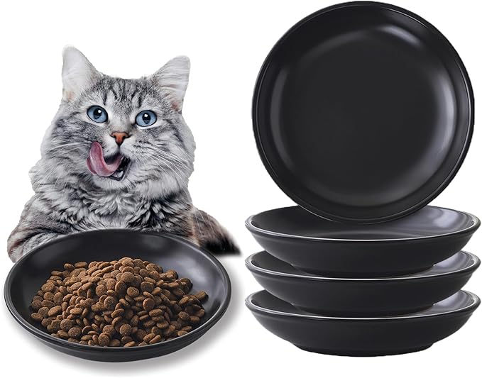 Ceramic Cat Food Bowl Set - 4 Pack Healthy Wide Shallow Cat Dishes Cat Plates for Food and Water, Anti Whisker Fatigue Cat Feeding Bowls for Pet Puppy Kittens, Dishwasher Microwave Safe, 5.8 In, Black