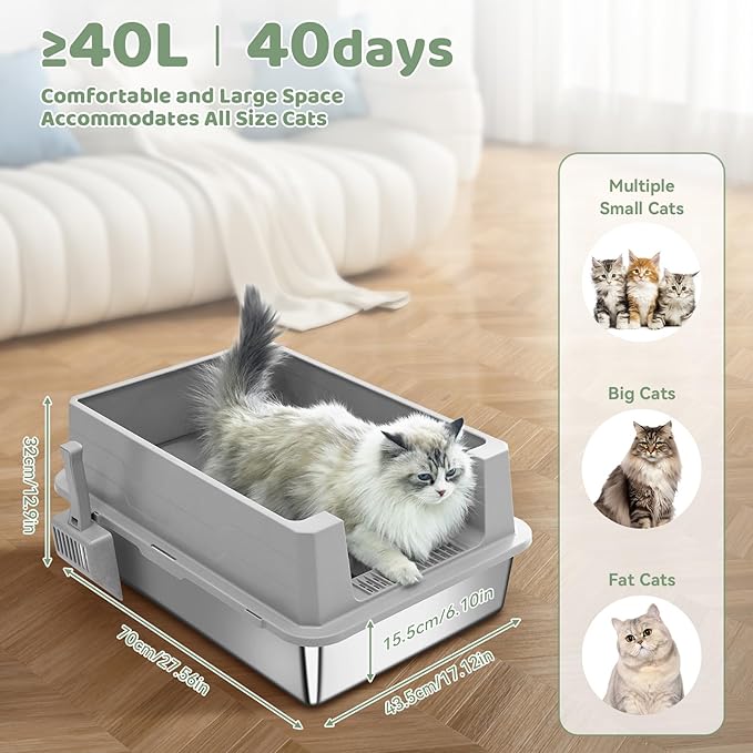 XXXL Stainless Steel Cat Litter Box with High Sides, 28"x20"x12" Extra Large Litter Box for Multiple-Big Cats, Metal Cat Litter Pan, Anti-Urine Leakage, Easy Clean (Grey)