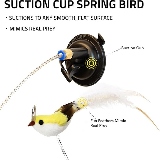 Playology Cat Toy Suction Cup Spring Bird | Interactive Toy with Lifelike Feather Bird | Secure Suction Cup with Unpredictable Movement | Perfect for Active Indoor Cats