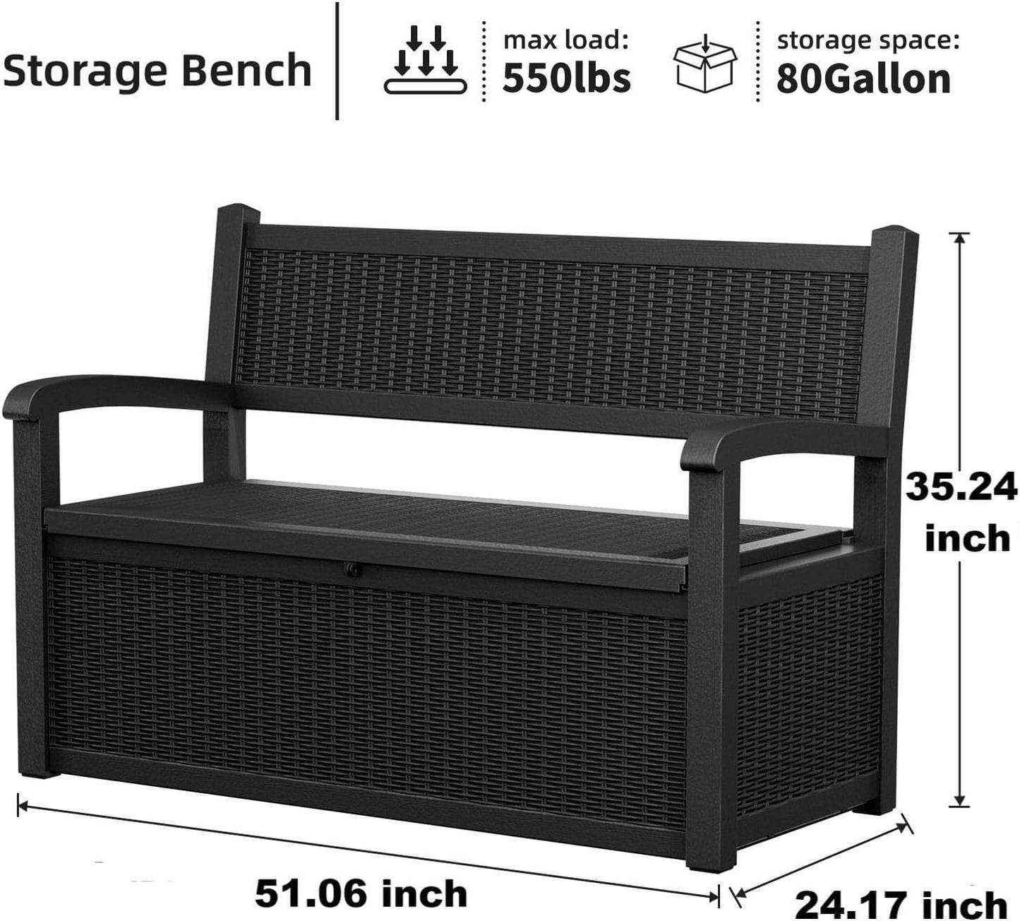80 Gallon Storage Bench Waterproof and Lockable,Deck Box Outdoor Storage Furniture for Patio,Garden,and Porch – Perfect for Storing Garden Tools and Cushions(Black)