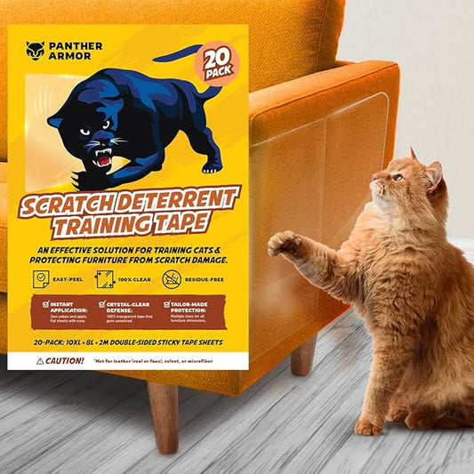 Panther Armor 20-Pack Anti Scratch Furniture Protectors - Deterrent & Cat Training Tape - Double Sided Sticky Tapes - Claw Proof Couch Protectors