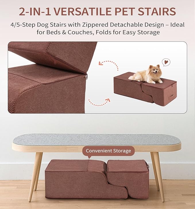 Made4Pets Dog Stairs Ramp for Bed, 4-Step Dog Steps for High Bed Couch Sofa Climbing, 35D Foam Pet Steps for Small Dogs and Cats, Non-Slip Bottom Pet Stairs, Brown