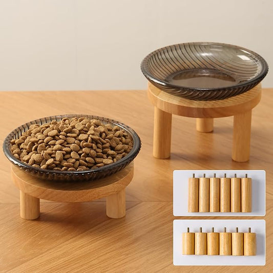 Cat Bowls Whisker Friendly with Wooden Stands. Raised Elevated Glass Whisker Fatigue Cat Bowl for Indoor Cats. 2PCS (Black)