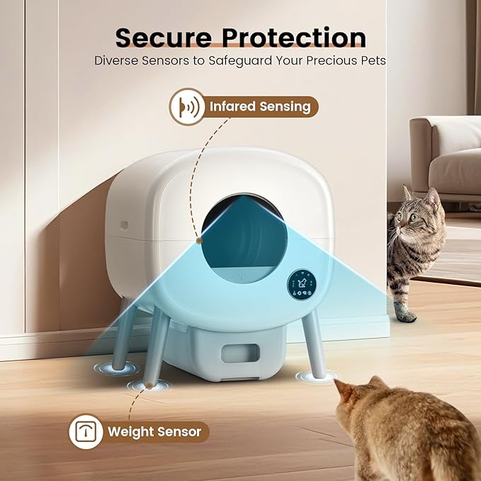 Self Cleaning Litter Box,Large Capacity Automatic Cat Litter Box Self Cleaning for Multiple Cats with App Control and Safety Protection,2 Roll Litter Bags,White