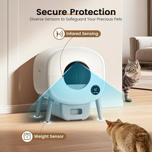 Self Cleaning Litter Box,Large Capacity Automatic Cat Litter Box Self Cleaning for Multiple Cats with App Control and Safety Protection,2 Roll Litter Bags,White