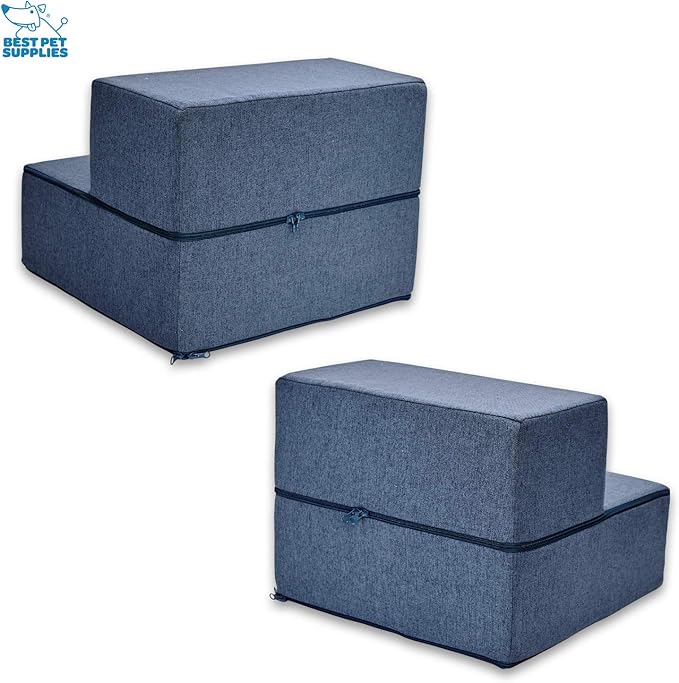 Best Pet Supplies Dog Stairs & Steps - Foam Steps for Small Dogs & Cats, Non-Slip Indoor Balanced Pet Step Support, Dog Ramp, No Assembly, Navy Blue, Foldable 2-Step (12-inch Height)