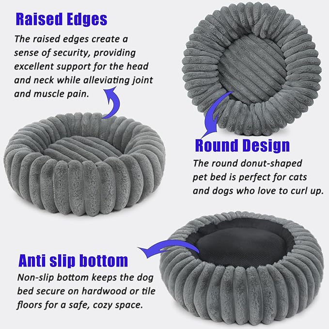 Donut Dog Bed for Small Dogs & Cats - Comfort Anti-Anxiety Calming, Washable & Anti-Slip, Cozy Soft Round Pet Beds for Puppy & Kitty, 19x19 Inch, Warm Grey