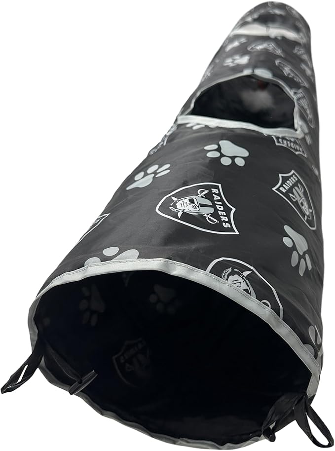 NFL Las Vegas Raiders Cat Tunnel Tube Toy with Plush Football Catnip and Feathers Collapsible Tunnel for Cats to Play, Peek and Hide, Sporty & Fun Cat Tunnel Toy with Team Logo All-Over Design!