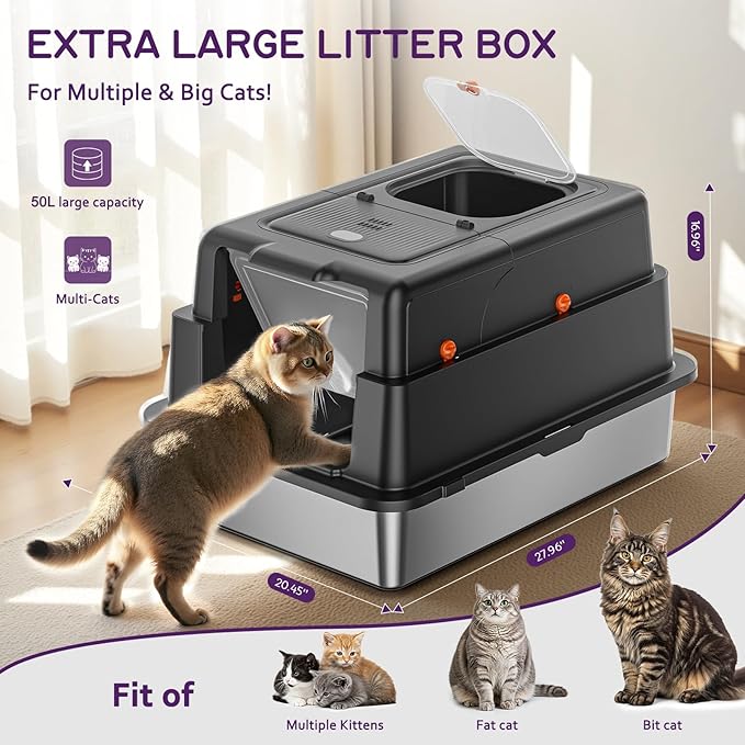 Stainless Steel Litter Box with Lid, 28" XXXL Large Cat Litter Box Enclosure for Multiple Cats, Odor Control with Carbon Filters, Anti-Leak High Sided, Includes Removable Lid & Scoop, Black