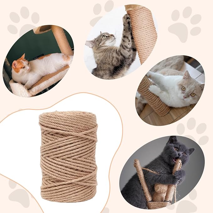 Nature Hemp Rope,sisal rope for cat scratcher,rope for cat scratch post，cat scratching post replacement,Cat Scratcher Replacement Rope Heavy Duty Jute Twine for Cat Tree and Tower, DIY (1/4inch,100FT)