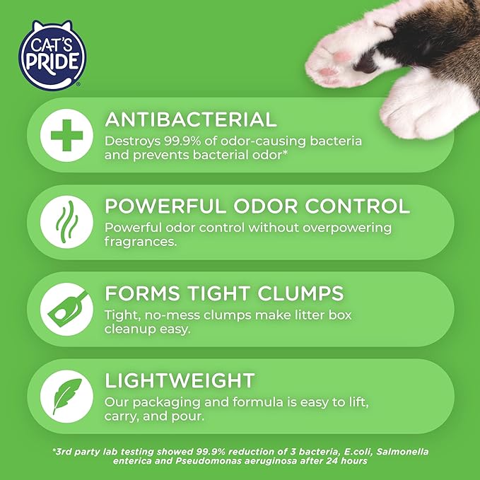 Cat's Pride New Antibacterial Cat Litter: Destroys 99.9% of Odor-Causing Bacteria - Powerful Odor Control - Premium Lightweight Clumping Litter - Scented, 18 Pounds