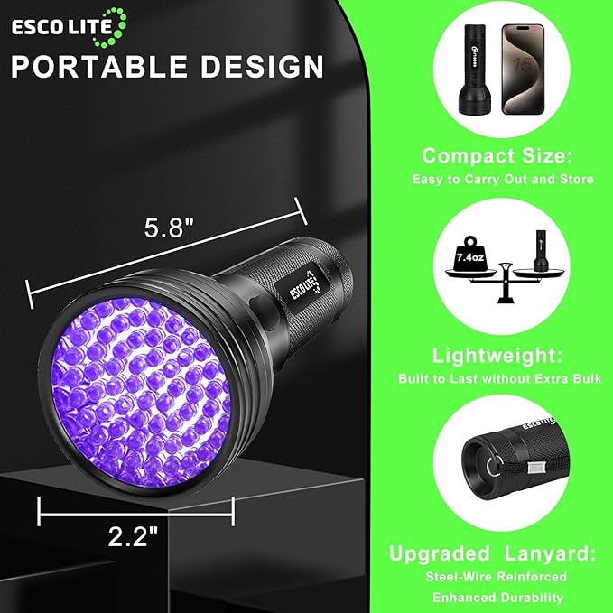 ESCO LITE UV Flashlights Black Light for Pet Urine Detection 51 LED Blacklight Flashlight for Dog Cat Stains, UV Light Flashlight for Resin, Carpet, Hotel, Bathroom with Battery