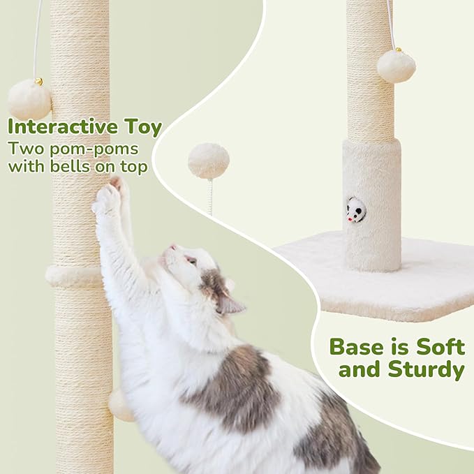 Cat Scratching Posts 33" for Adults Cats, Cat Scratcher with Soft Fabric Covering Base and Durable Sisal Rope, Scratcher with Fun Mouse Hole and Cat Toy for Tall Cats (White)