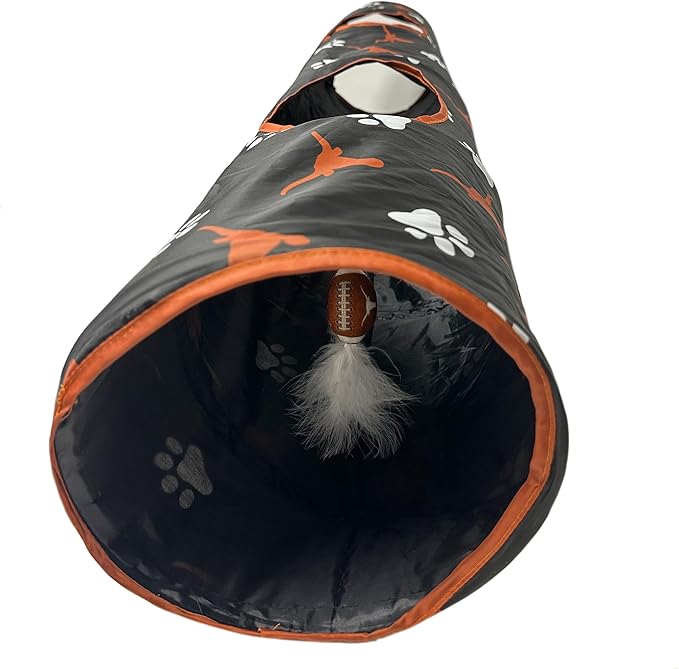 NCAA Texas Longhorns Cat Tunnel Tube Toy with Plush Football Catnip and Feathers