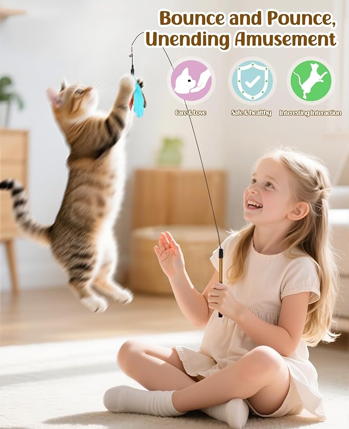 Pawaboo Feather Teaser Cat Toy, Interactive Feather Wand Cats Toy Flying Feathers Cat Catcher with Extra Long 34.5" Wand and Small Bell, Exerciser Playing Toys for Kitten or Cats, Blue + Red Brown