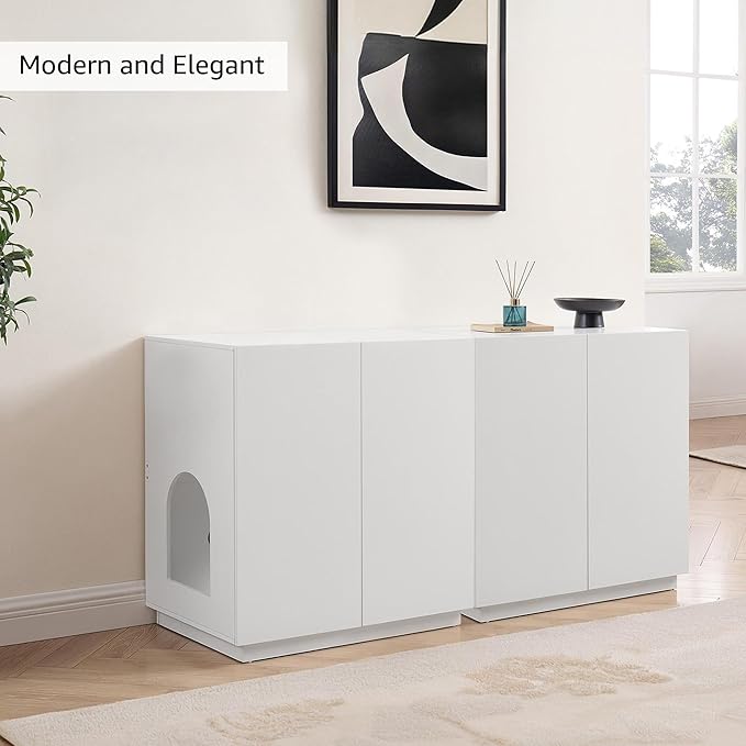 unipaws Tall Cat Litter Box Enclosure with Shelves, Hidden Litter Box Cover for Tall or Top Entry Litter Box, Kitty Enclosed Litter Box Cabinet, Cat Box Furniture， White