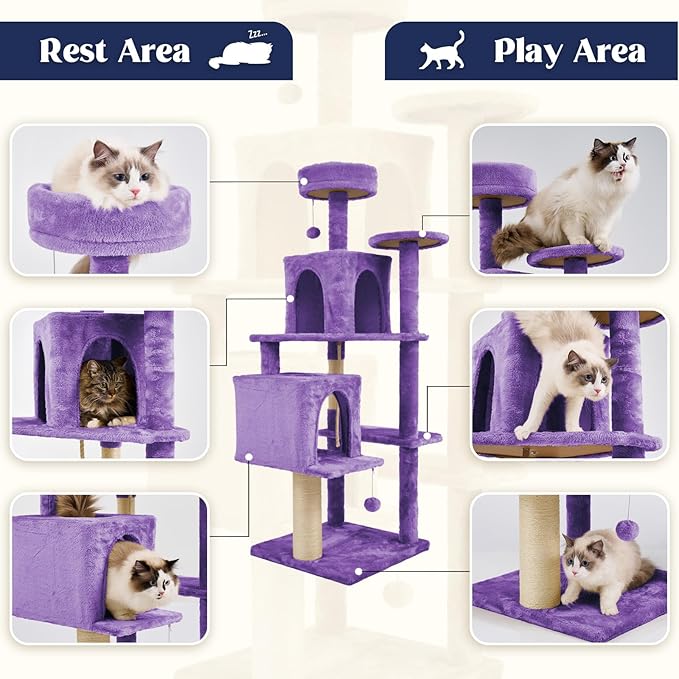 58.5inch Large Cat Tree Tower Condo for Indoor Cats, Soft Plush Multi-Level Climbing Tree Cat House, Scratching Post, More Entrance/Exit, Sisal Rope, Violet Purple