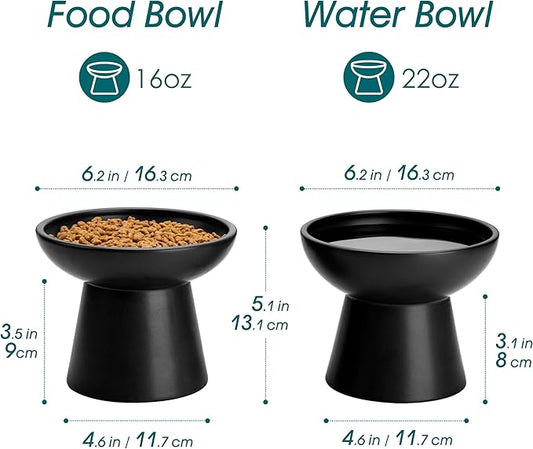 vancasso Ceramic Elevated Cat Bowls 2-Pack - 6.2" Extra Wide Raised Cat Food & Water Dishes, 5.1" Optimal Height Anti-Whisker Fatigue Shallow Bowls for Cats/Kittens/Dogs, Lead & Cadmium Free (Black)