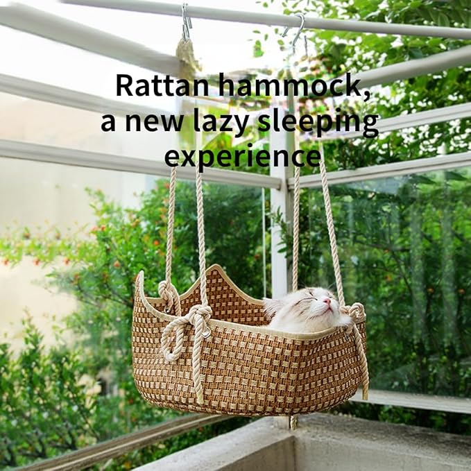 Breathable Pet Cage Hammock with Metal Hooks, Rattan and Bamboo Woven Cat Hammock for Kittens, Rabbits, Small Dogs, Cat Hanging Bed for Cage (Green)