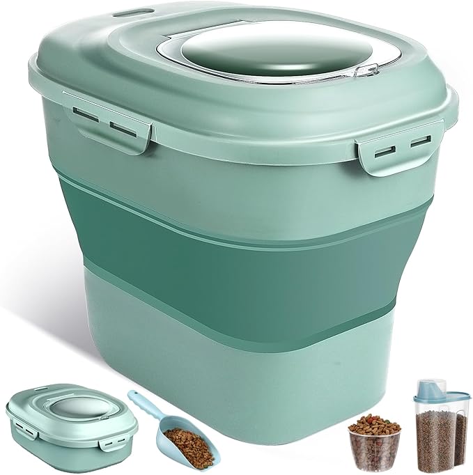ANVS Dog Food Storage Container-Up to 30Lbs Collapsible Dog Food Container with Airtight Lids, Scoop and 2.5L Small Pet Food Storage Container Dry Food For Dog, Cat and Other Pet Food (Green)