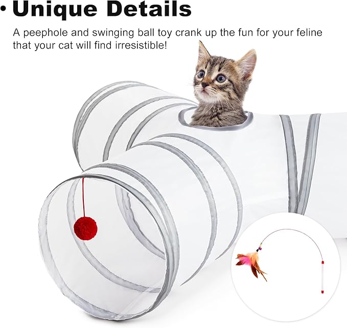 Love's cabin Cat Tunnel Tube Toys 3 Way Collapsible, Cat Tunnels for Indoor Cats，Kitten Tunnel Bored Pet Play Tunnel with Peek Hole Toy Ball for Kitty, Kitten, Rabbit, Light Gray&Gray